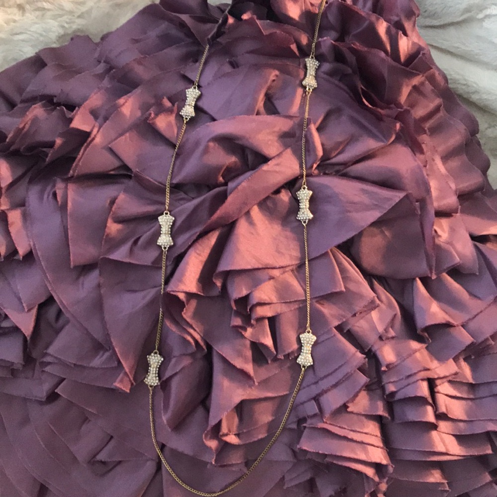 2/$14 Gold Long Necklace with Rhinestone Bows